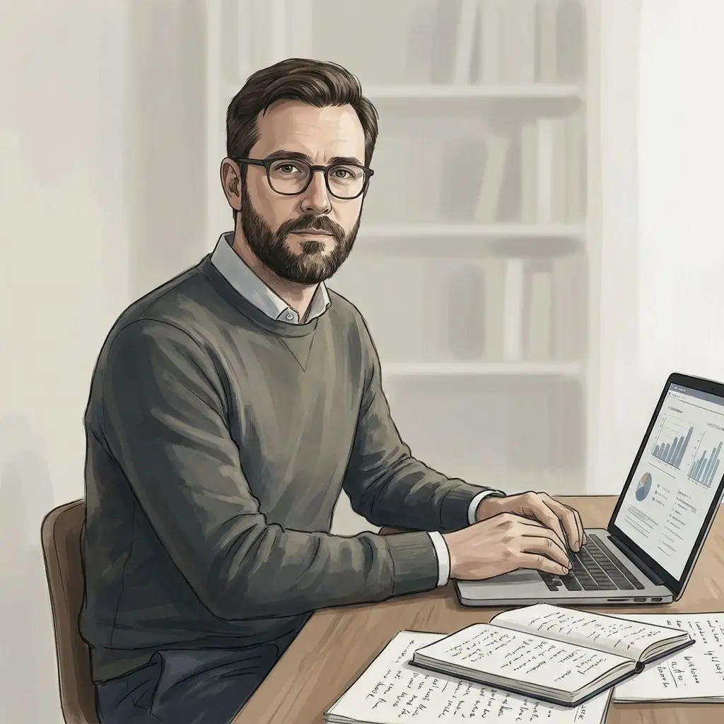 Autorenbild eines neutral dargestellten Content-Analysten am Schreibtisch
