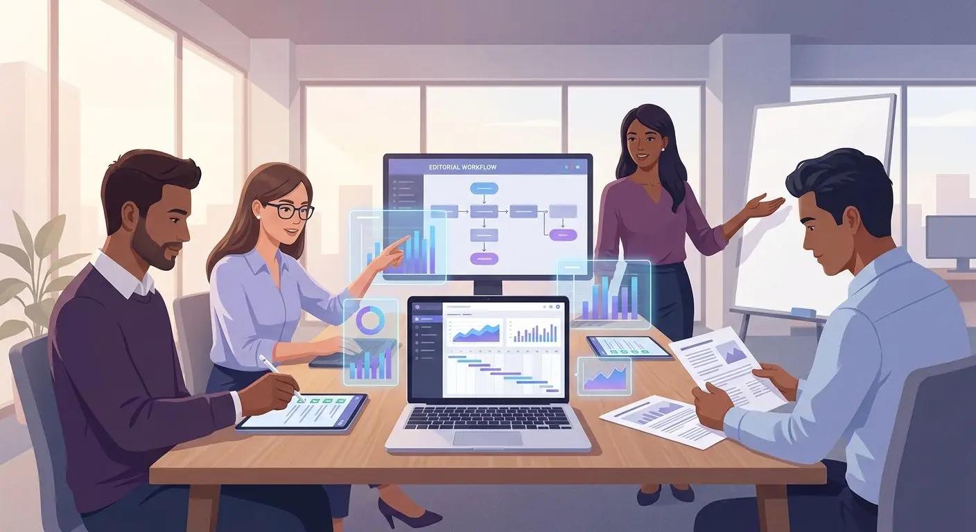 Illustration eines Analysten-Teams mit Laptop, Diagrammen und Checklisten