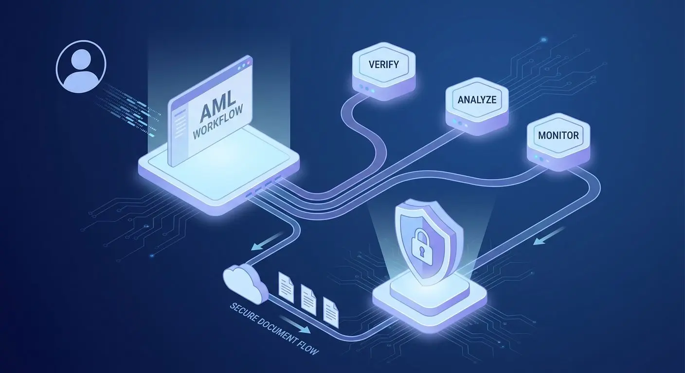 Schema zum AML-Prozess mit Prüfung, Datenabgleich und Schutz