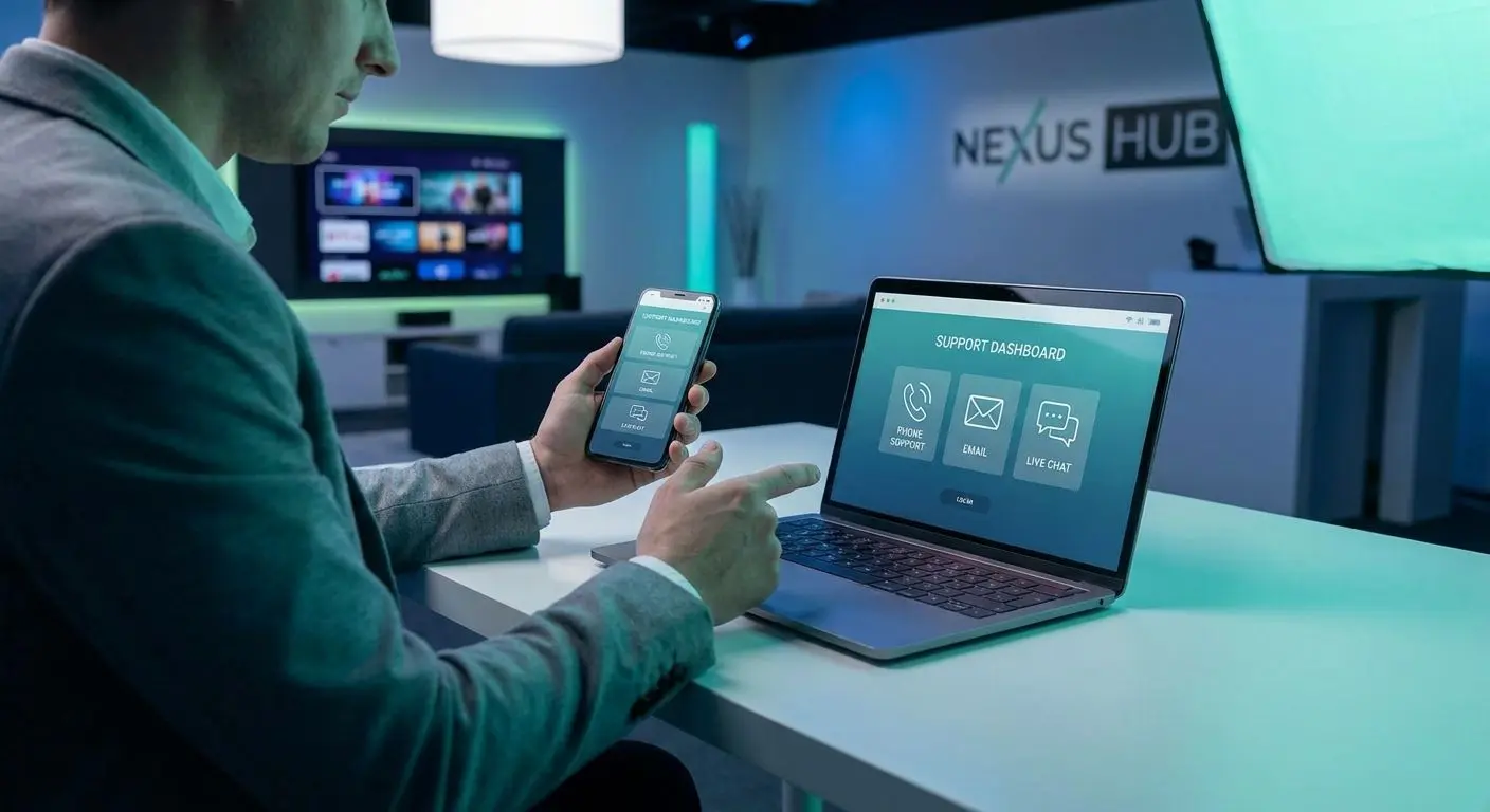Nutzer sieht Support-Kanäle auf Laptop und Smartphone