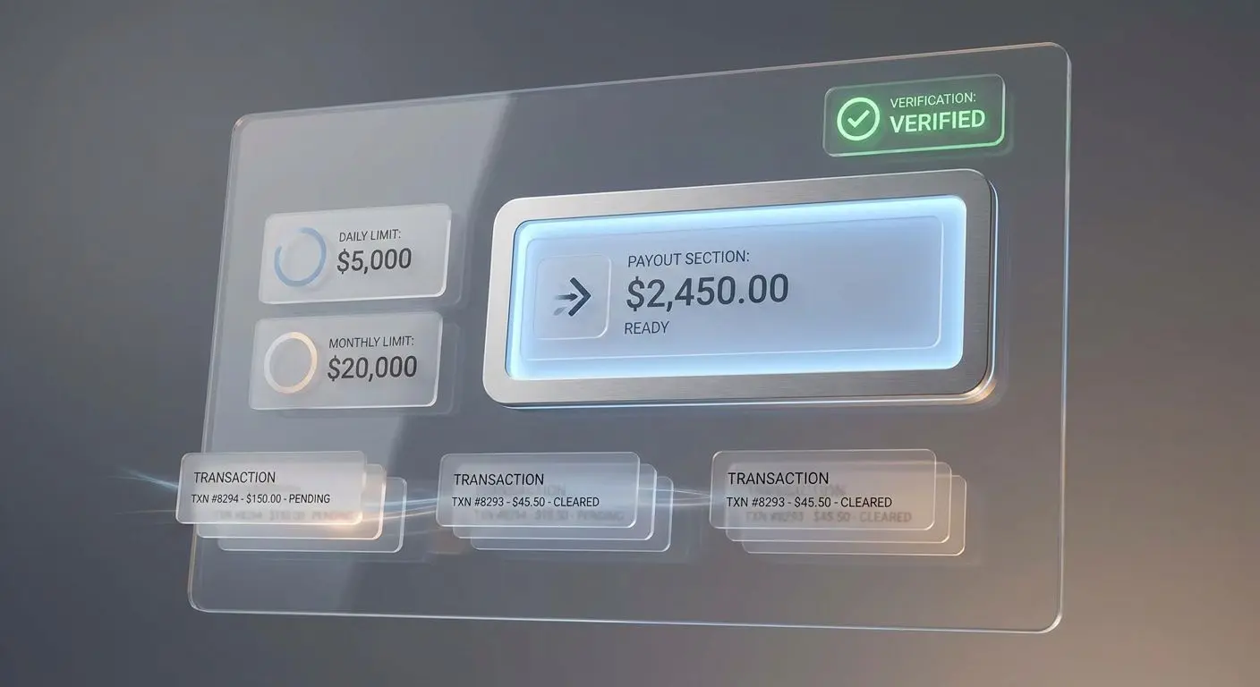 Abstraktes Spielerkonto mit hervorgehobenen Auszahlungs- und Limitbereichen
