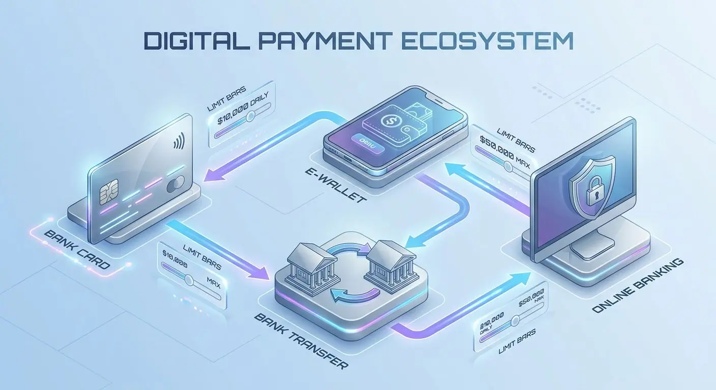 Zahlungsmethoden mit Symbolen für Karte, E-Wallet, Bank und Limitbalken