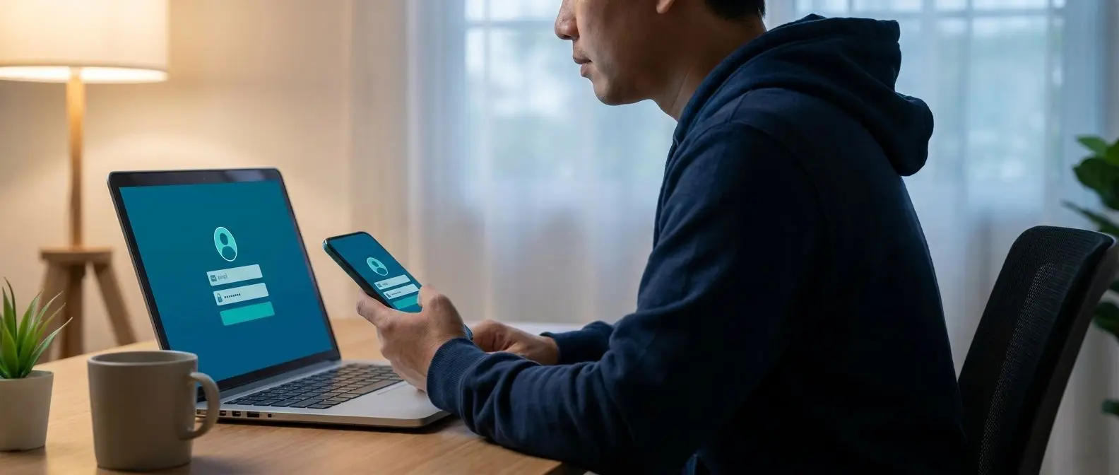 Nutzer mit Laptop und Smartphone vor sicherer Login-Oberfläche