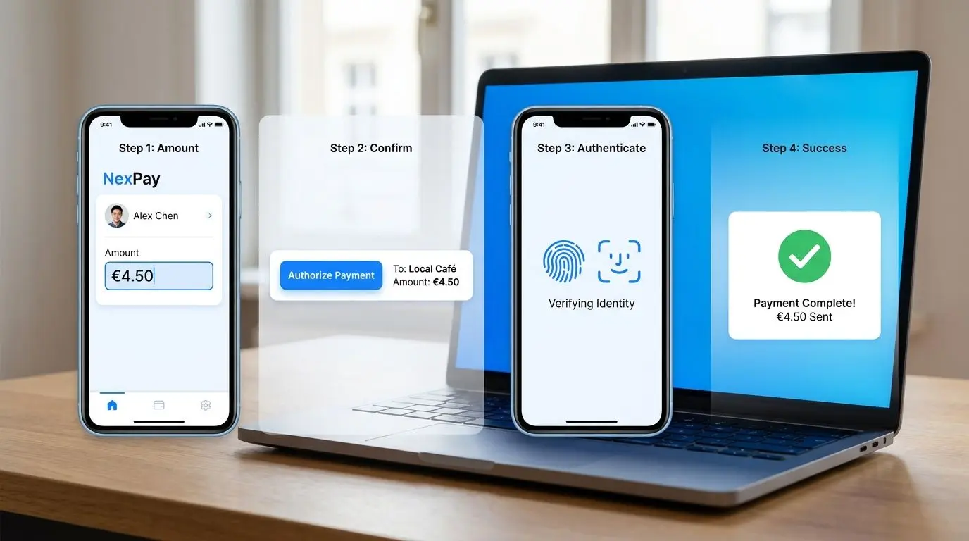 Schritt-für-Schritt-Darstellung einer kleinen Einzahlung auf Mobilgerät und Desktop