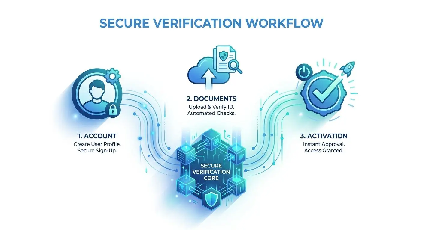 Schema des Verifizierungsprozesses von Konto über Dokumente bis Freischaltung