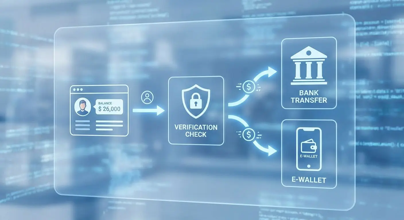 Auszahlungsprozess im Überblick Schematische Darstellung vom Auszahlungsprozess Konto Prüfung Bank Wallet